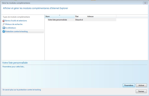 Activer la Liste personnalisée de protection contre le tracking
