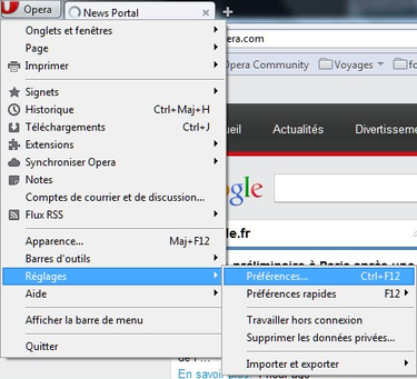 Ouvrez Opéra puis appuyer simultanément sur Ctrl + F12 pour accéder au menu Préférences ou aller dans les options puis Réglages puis Préférences