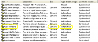 Dans la fenêtre Services vérifier que le service Audio Windows est démarré automatiquement