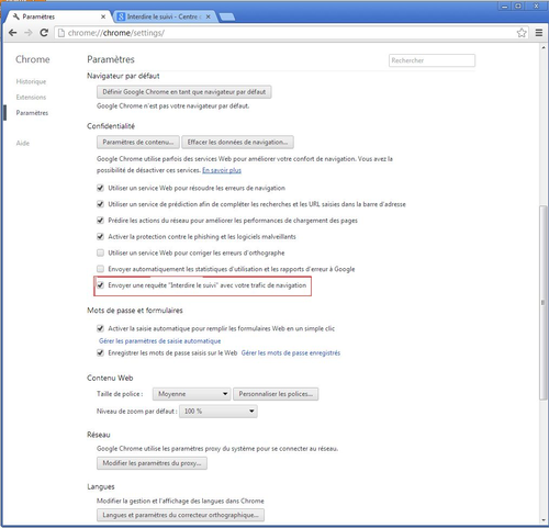 Envoyer une requête Interdire le suivi avec votre trafic de navigation