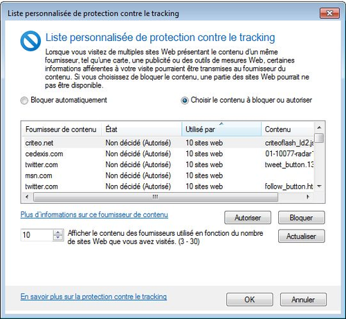 Liste personnalisée de protection contre le tracking