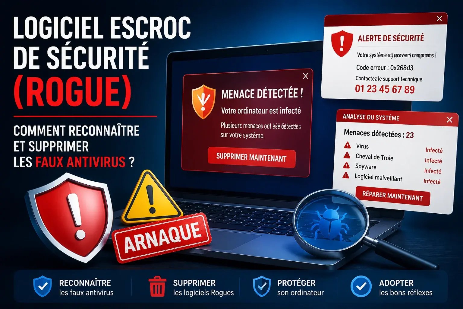 Logiciel escroc de sécurité Rogue : reconnaître les faux antivirus Logiciel escroc de sécurité Rogue affichant une fausse alerte antivirus