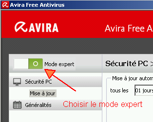 Le panneau de configuration d'Antivir s'ouvre