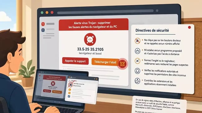 Supprimer alerte virus trojan fausses alertes navigateur pc