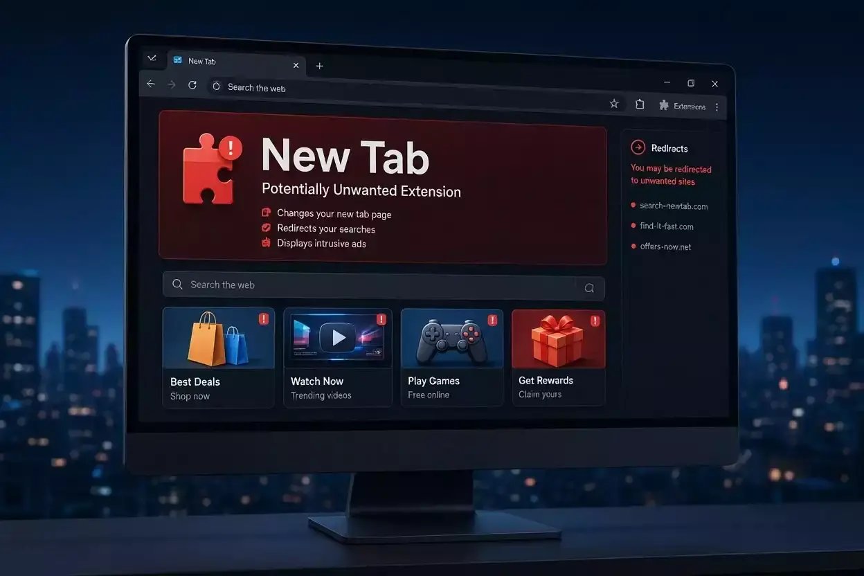 New Tab : illustration d’une extension de navigateur suspecte pouvant détourner les recherches et afficher des publicités indésirables