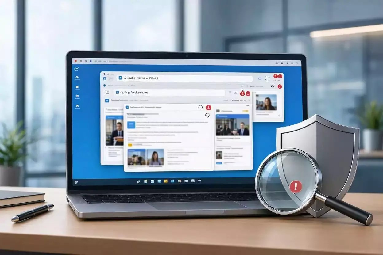 Ordinateur Windows affichant des redirections et publicités indésirables liées à Quizzitch.net, avec une loupe et un bouclier de sécurité