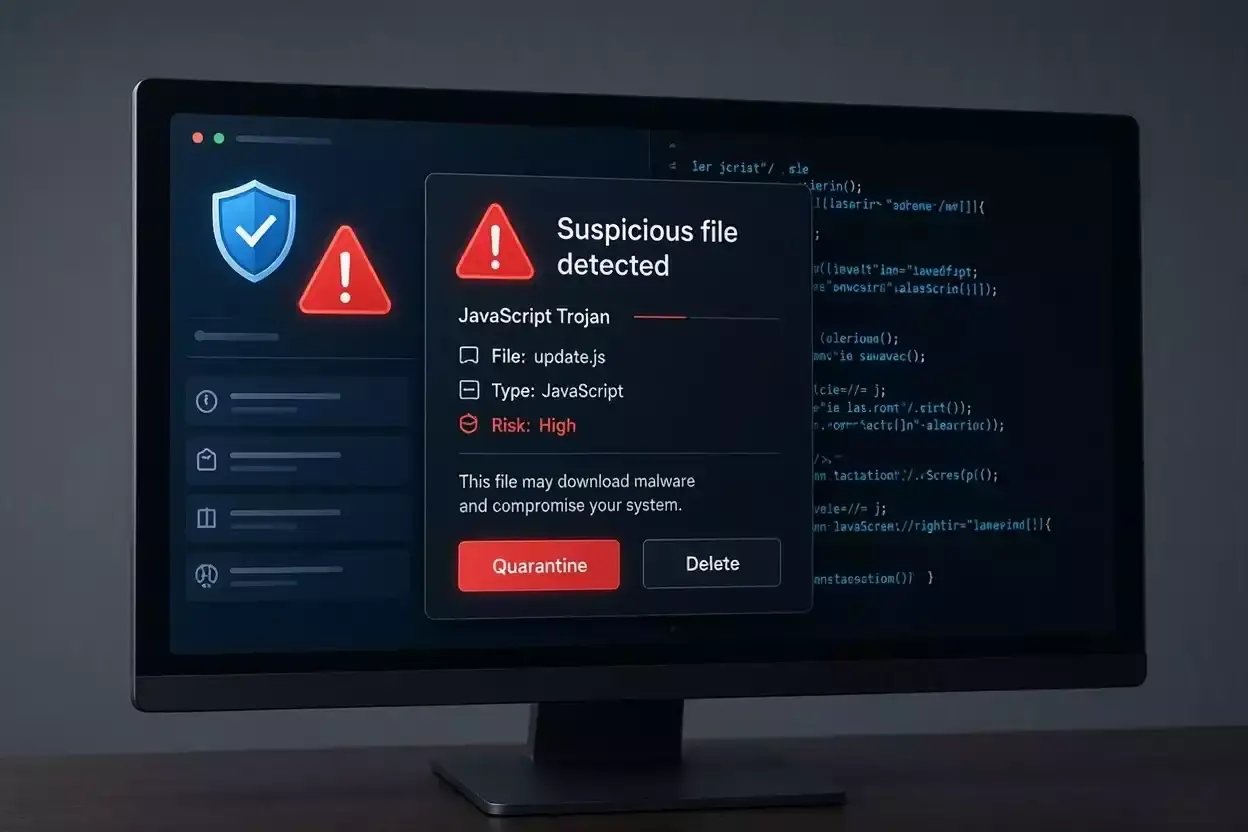 Trojan JS Basyo A détecté sur un PC Windows avec un fichier JavaScript suspect