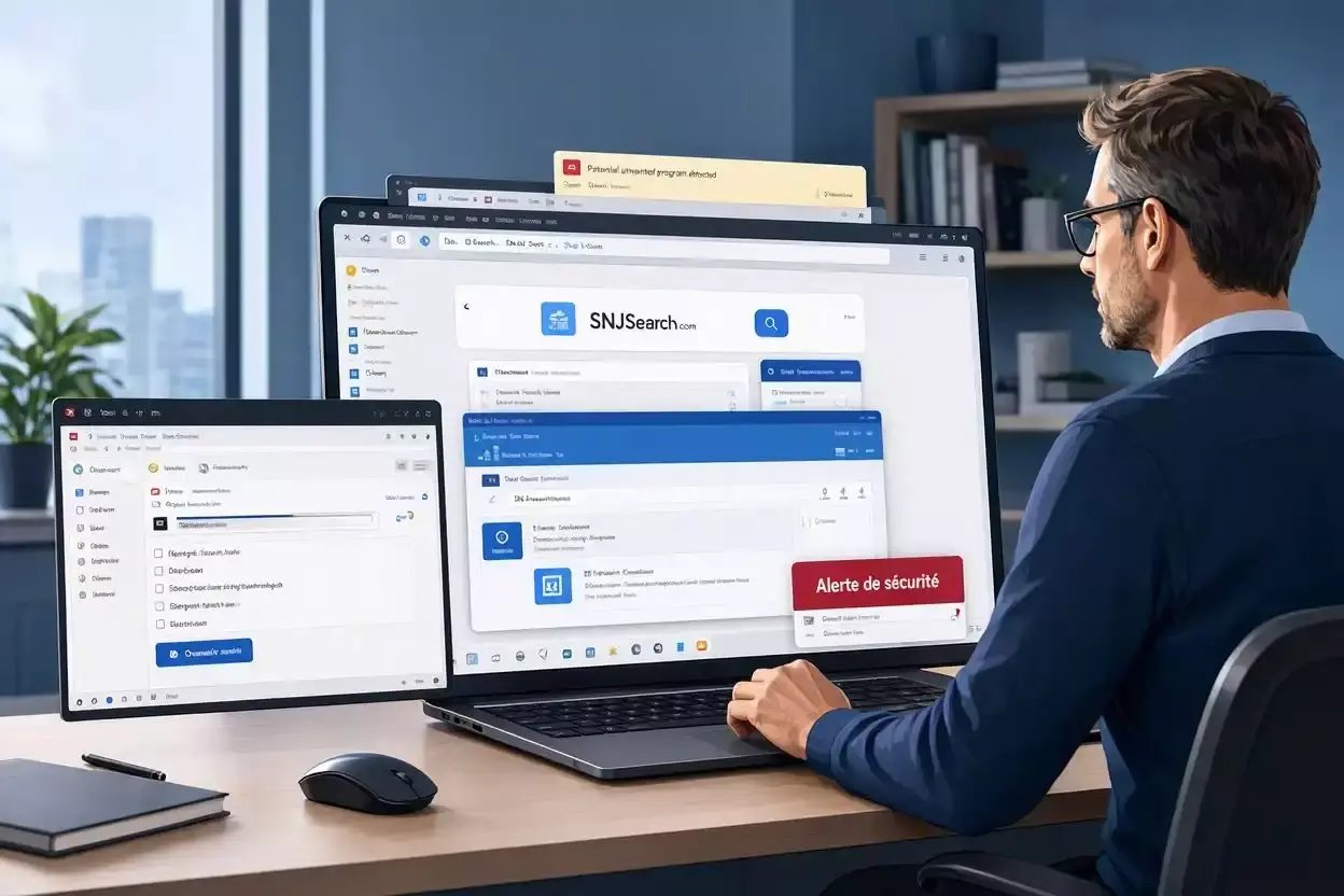 Illustration de la suppression de SNJSearch.com, un pirate de navigateur qui modifie la page d’accueil et le moteur de recherche